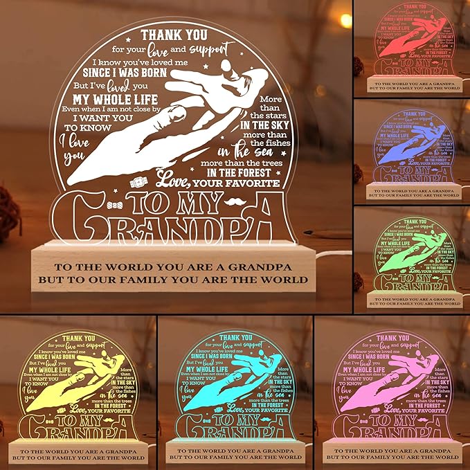 to My Grandpa Lamp, Grandpa Acrylic Night Light, Fathers Day Birthday Gifts for Grandpa Grandfather, 3D Illusion Lamp w/Wooden Base USB Powered Gifts for Men Dad Daddy Grandpa, Bedroom Décor - LeafyLoom