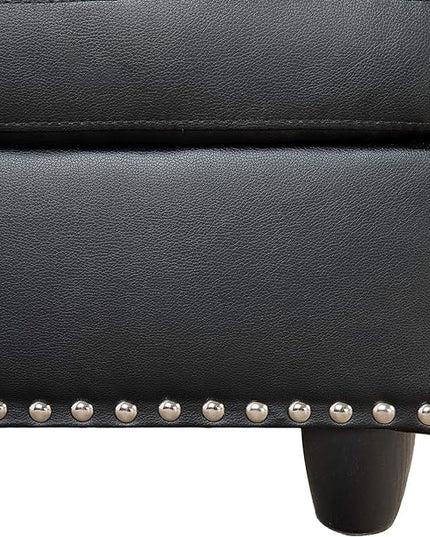 L Shaped Sofa with Ottoman Modern Nail-Head Design PU Sectional Couches with Chaise, Cup Holder for Living Room, Bedroom, Office, Leather Black - LeafyLoom