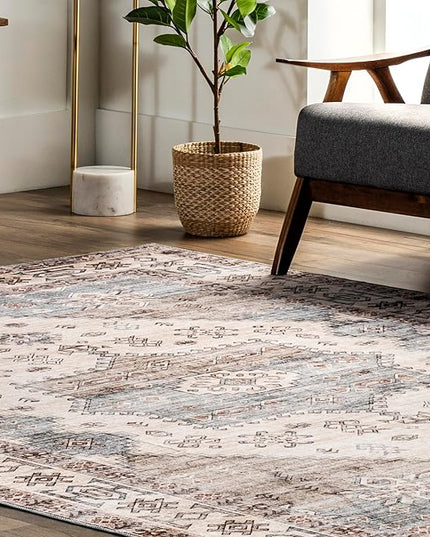nuLOOM Emani Machine Washable Medallion Ultra Thin Area Rug, 8' x 10', Beige - LeafyLoom