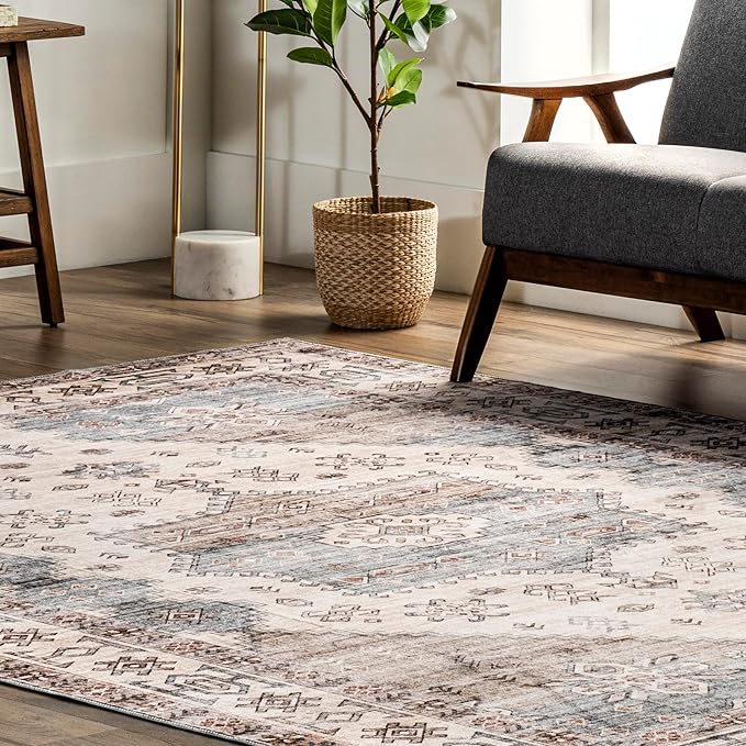 nuLOOM Emani Machine Washable Medallion Ultra Thin Area Rug, 8' x 10', Beige - LeafyLoom