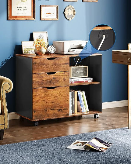 DEVAISE 3-Drawer Wood File Cabinet, Mobile Lateral Filing Cabinet, Printer Stand with Open Storage Shelves for Home Office, Rustic Brown - LeafyLoom