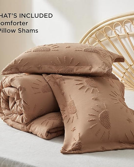 Bedsure King Size Comforter Set Taupe, Boho Tufted Bedding Comforter Set, Farmhouse Jacquard Solar Pattern Bed Set, 3 Pieces, 1 Shabby Chic Fluffy Comforter & 2 Pillow Shams - LeafyLoom