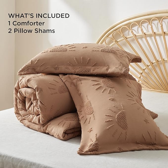 Bedsure King Size Comforter Set Taupe, Boho Tufted Bedding Comforter Set, Farmhouse Jacquard Solar Pattern Bed Set, 3 Pieces, 1 Shabby Chic Fluffy Comforter & 2 Pillow Shams - LeafyLoom