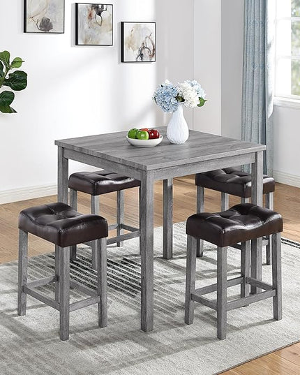 5 Piece Square, Industrial Breakfast Table + 4 Upholstered Stools, Bistro Dining Set, for Living, Small Apartment, Farmhouse, Game Room, Brown+Light Gray - LeafyLoom