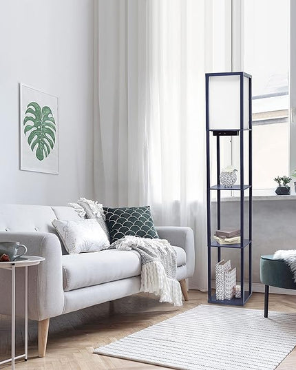 Simple Designs LF1037-NAV Floor Lamp Etagere Organizer Storage Shelf with 2 USB Charging Ports, 1 Charging Outlet and Linen Shade, Navy Blue - LeafyLoom