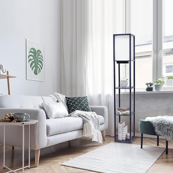 Simple Designs LF1037-NAV Floor Lamp Etagere Organizer Storage Shelf with 2 USB Charging Ports, 1 Charging Outlet and Linen Shade, Navy Blue - LeafyLoom