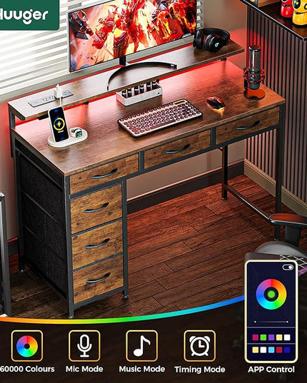 Gaming Desk with 6 Drawers, Computer Desk with LED Lights Power Outlets and Type-C, 39 Inch Office Desk with Storage, Monitor Stand, Writing Desk Work Desk Home Office, Study, Rustic Brown - LeafyLoom