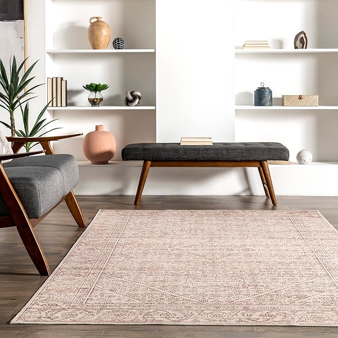 nuLOOM Shontal Traditional Machine Washable Ultra Thin Area Rug, 8' x 10', Beige - LeafyLoom