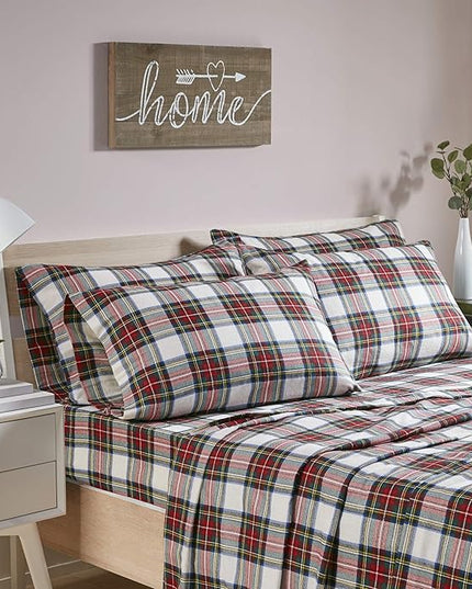 Comfort Spaces Cotton Flannel Breathable Warm Deep Pocket Sheets With Pillow Case Bedding, Twin, Scottish Plaid Red, 3 Piece - LeafyLoom