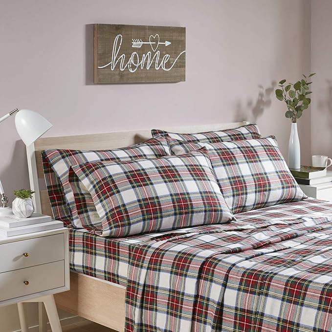 Comfort Spaces Cotton Flannel Breathable Warm Deep Pocket Sheets With Pillow Case Bedding, Twin, Scottish Plaid Red, 3 Piece - LeafyLoom
