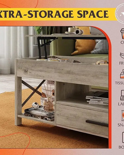 WLIVE Coffee Table, 39" Lift Top Coffee Table with Hidden Compartment and Sorage Drawers for Living Room,Grey - LeafyLoom