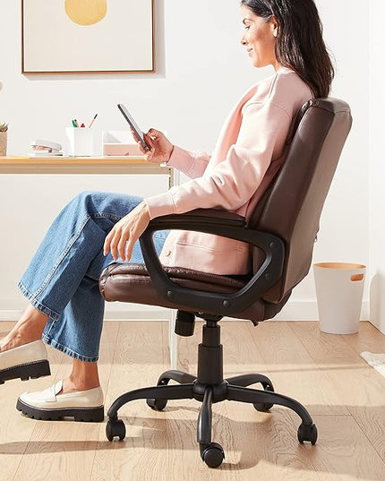 Amazon Basics Classic Puresoft PU Padded Mid-Back Office Computer Desk Chair with Armrest - Brown, 25.75"D x 24.25"W x 42.25"H - LeafyLoom