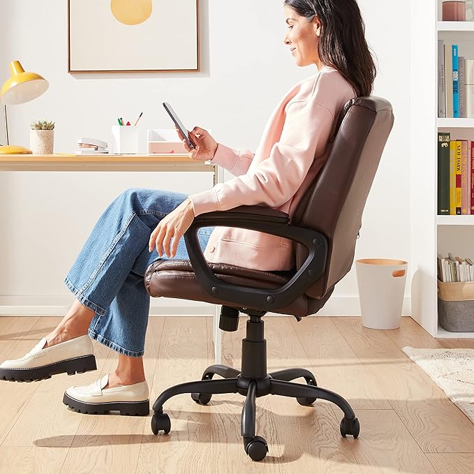 Amazon Basics Classic Puresoft PU Padded Mid-Back Office Computer Desk Chair with Armrest - Brown, 25.75"D x 24.25"W x 42.25"H - LeafyLoom