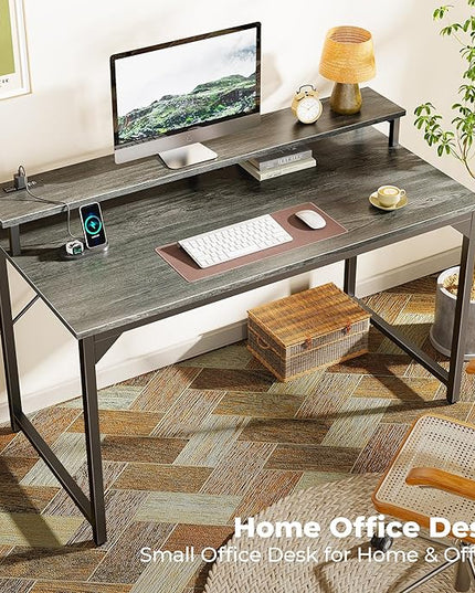 SUPERJARE 47 inch Computer Desk with LED Lights & Power Outlets, Home Office Desk with Monitor Shelf, Small Desk for Home & Office, Grey - LeafyLoom