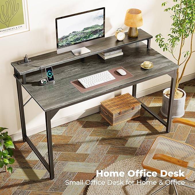 SUPERJARE 47 inch Computer Desk with LED Lights & Power Outlets, Home Office Desk with Monitor Shelf, Small Desk for Home & Office, Grey - LeafyLoom