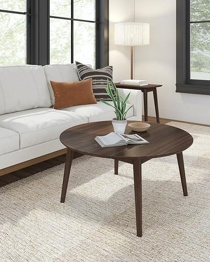 Plank+Beam Mid Century Modern Coffee Table, 36 Inch Wood Coffee Tables for Living Room, Round Center Table, Cocktail Table for Small Spaces, Walnut - LeafyLoom