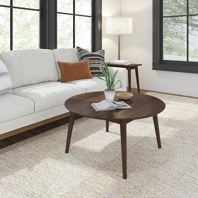 Plank+Beam Mid Century Modern Coffee Table, 36 Inch Wood Coffee Tables for Living Room, Round Center Table, Cocktail Table for Small Spaces, Walnut - LeafyLoom