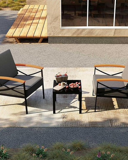 Shintenchi 3 Piece Metal Outdoor Patio Furniture Set, Modern Outdoor Metal Chairs Conversation Furniture Set with Coffee Table for Patio,Backyard,Balcony, Poolside (Dark Grey) - LeafyLoom