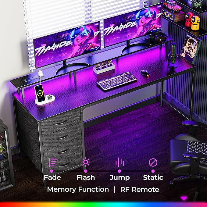 63 Inch Computer Desk with Power Outlets and LED Lights, Gaming Desk with 4 Drawers, Office Desk with Monitor Stand, Study Desk Work Desk for Home Office, Black - LeafyLoom