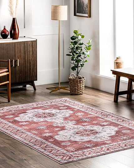 nuLOOM Norma Machine Washable Traditional Medallion Ultra Thin Area Rug, 5' x 8', Rust - LeafyLoom