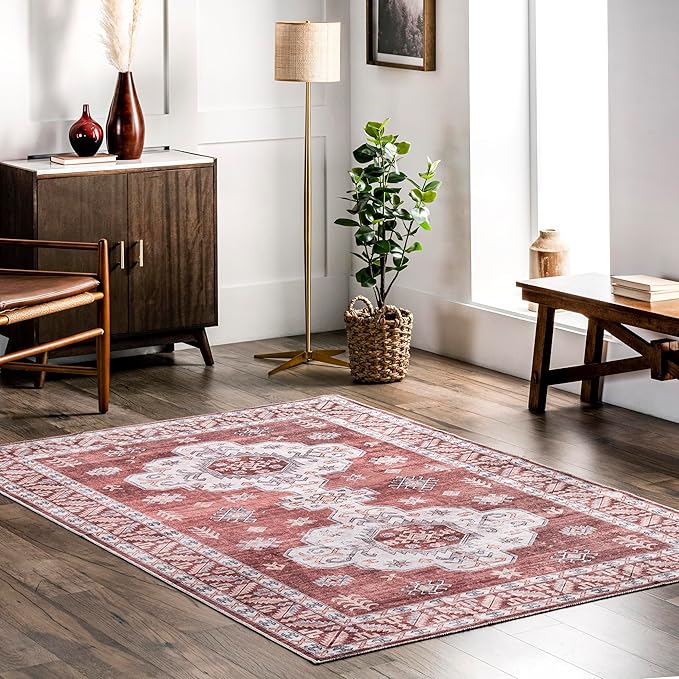 nuLOOM Norma Machine Washable Traditional Medallion Ultra Thin Area Rug, 8' x 10', Rust - LeafyLoom