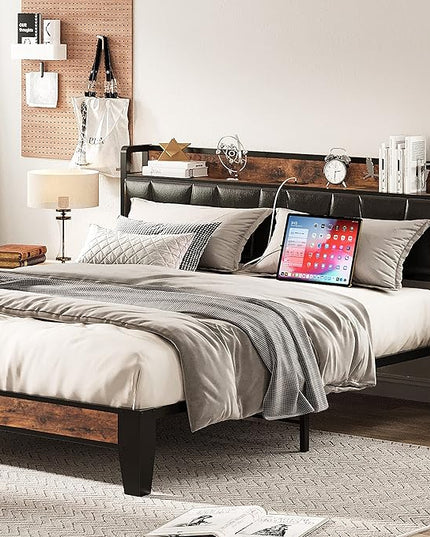 LIKIMIO Queen Bed Frame, Storage Headboard with Charging Station, Solid and Stable, Noise Free, No Box Spring Needed, Easy Assembly (Vintage and Black) - LeafyLoom