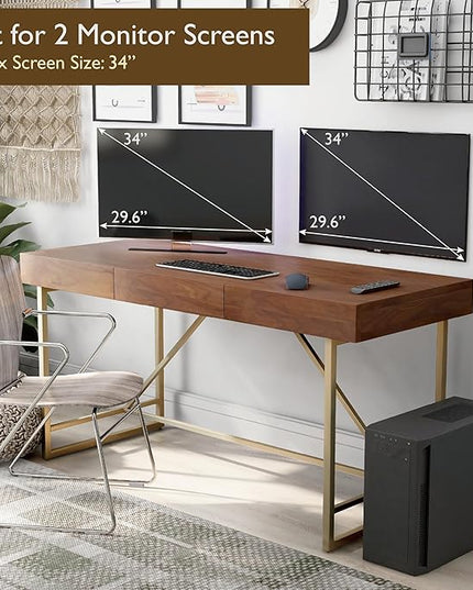 Lizon Modern 60 Inch Wood Desk with Drawers, Office Table with Storage, Vanity Without Mirror for Bedroom, Study Room, Dorm, 60-inch, Light Walnut Brown and Gold - LeafyLoom