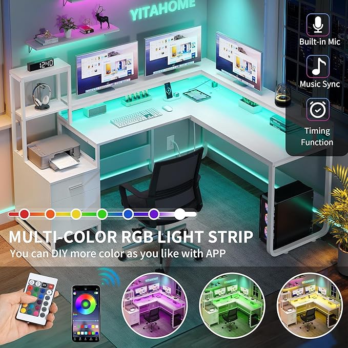 YITAHOME L Shaped Desk with Power Outlets & Hutch, Computer Desk with Drawers & LED Lights, Reversible Corner Office Desk with Printer Stand for Home Office, White - LeafyLoom