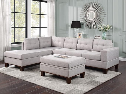 LOVMOR Living Room Reversible Sectional Sofa with Dropdown Armrest, Cupholder, Ottoman and Storage Chaise, Linen Couch for Home Furniture, Apartment, Dorm, Light Gray, 106 Inch - LeafyLoom
