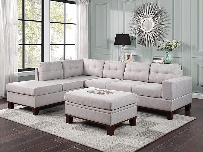 LOVMOR Living Room Reversible Sectional Sofa with Dropdown Armrest, Cupholder, Ottoman and Storage Chaise, Linen Couch for Home Furniture, Apartment, Dorm, Light Gray, 106 Inch - LeafyLoom