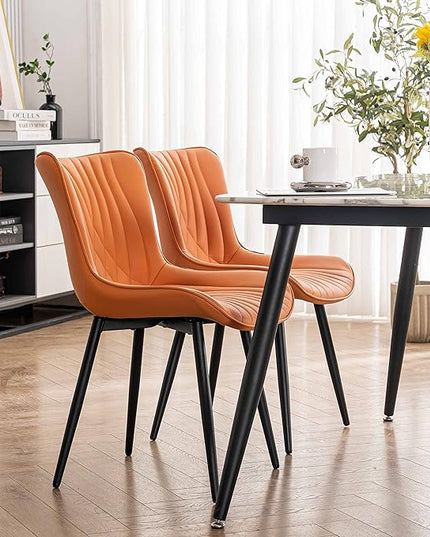 YOUTASTE Camel Dining Chairs Set of 2 Upholstered Mid Century Modern Kitchen Dining Room Chairs Armless Faux Leather Accent Chairs Metal Vanity Lounge Chair with Back for Living Room Bedrooms - LeafyLoom