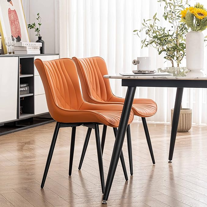 YOUTASTE Camel Dining Chairs Set of 2 Upholstered Mid Century Modern Kitchen Dining Room Chairs Armless Faux Leather Accent Chairs Metal Vanity Lounge Chair with Back for Living Room Bedrooms - LeafyLoom