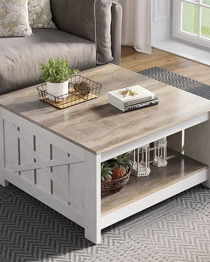 YITAHOME Coffee Table Farmhouse Coffee Table with Storage Rustic Wood Cocktail Table,Square Coffee Table for Living Meeting Room with Half Open Storage Compartment,Grey Wash - LeafyLoom
