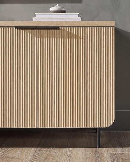 Walker Edison Modern Scandinavian Fluted Door Kitchen Storage Sideboard Buffet Cabinet Console, 69 Inch, Coastal Oak/Black - LeafyLoom