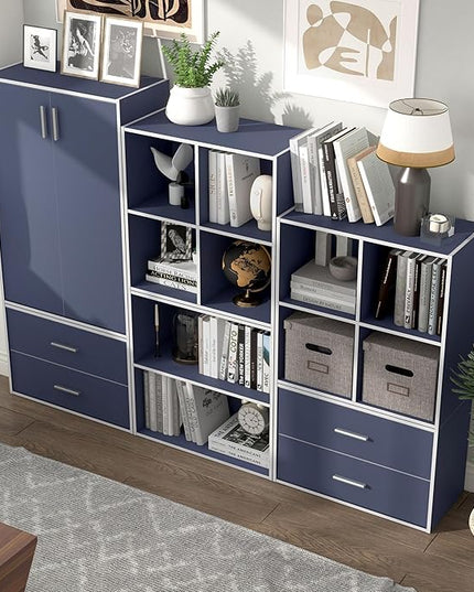 Apexa Stackable Wood Bookcase with Doors, Cube Storage Organizer Shelves, Small Food Pantry, Dorm Teen Room Decor & Bedroom, Home Office, Kitchen, 3-Tier Cabinet, Steel Blue - LeafyLoom