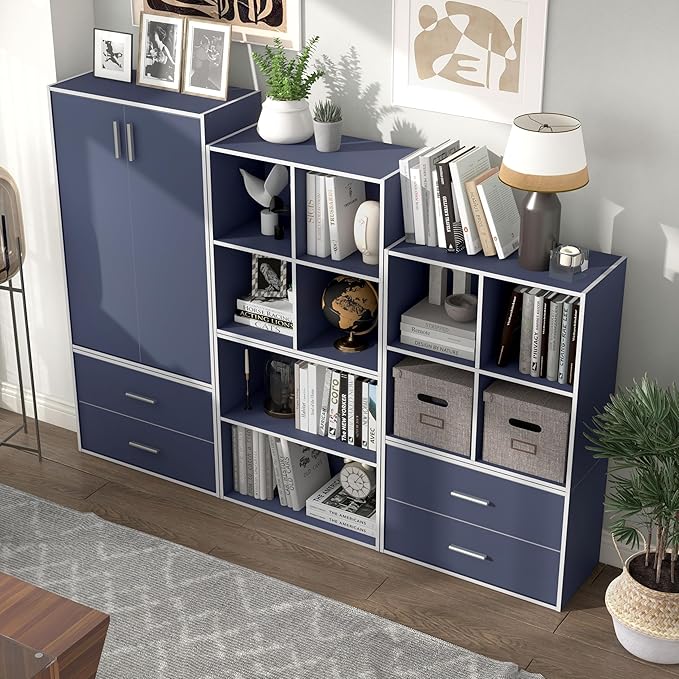 Apexa Stackable Wood Bookcase with Doors, Cube Storage Organizer Shelves, Small Food Pantry, Dorm Teen Room Decor & Bedroom, Home Office, Kitchen, 3-Tier Cabinet, Steel Blue - LeafyLoom