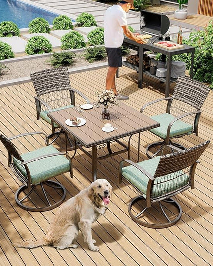 Pamapic 5 Piece Patio Dining Set for 4,Wicker Outdoor Furniture Set for Backyard Garden Deck Poolside with Square Plastic-Wood Table Top,4 Cushions Swivel Rocker Chairs,Removable Cushions(Green) - LeafyLoom