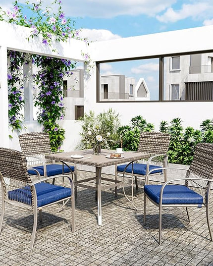 Pamapic Patio Table and Chairs Set, All-Weather Rattan Outdoor Table and Chairs with Removable Waterproof Cushions, Plastic-Wood Patio Dining Set for 4 with Umbrella Hole(Blue) - LeafyLoom