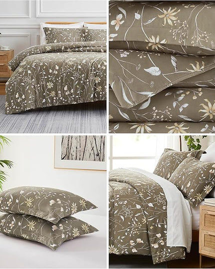 Southshore Fine Living, Inc. Twin Comforter Set, Down Alternative All-Season Floral Comforter with Matching Pillow Sham, Soft Microfiber Bedspread for Twin or Twin XL Bed, Secret Meadow Brown - LeafyLoom