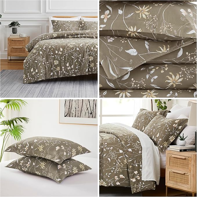 Southshore Fine Living, Inc. Twin Comforter Set, Down Alternative All-Season Floral Comforter with Matching Pillow Sham, Soft Microfiber Bedspread for Twin or Twin XL Bed, Secret Meadow Brown - LeafyLoom