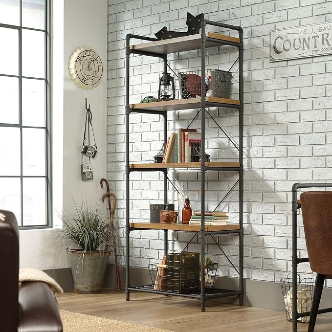 Sauder Iron City Tall Bookcase/book shelf, Checked Oak finish - LeafyLoom