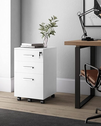 Lazio 26 Inch File Cabinet with Lock - Filing Cabinet for Home and Office - 3 Drawer File Cabinet with Wheels for A4 Sized Letters/Documents, Legal Sized Documents, Hanging File Folders - White/White - LeafyLoom
