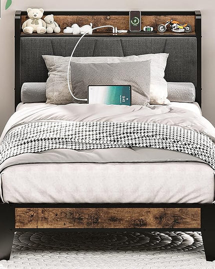 LIKIMIO Twin Bed Frames, Storage Headboard with Charging Station, Solid and Stable, Noise Free, No Box Spring Needed, Easy Assembly - LeafyLoom