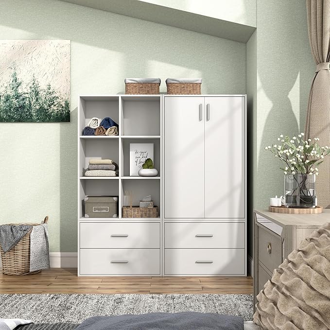 Apexa Stackable Wood Bookcase with Doors, Cube Storage Organizer Shelves, Small Food Pantry, Dorm Teen Room Decor & Bedroom, Home Office, Kitchen, 3-Tier Cabinet, White - LeafyLoom