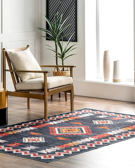 nuLOOM Jayde Machine Washable Southwestern Diamond Ultra Thin Area Rug, 5x8, Navy - LeafyLoom