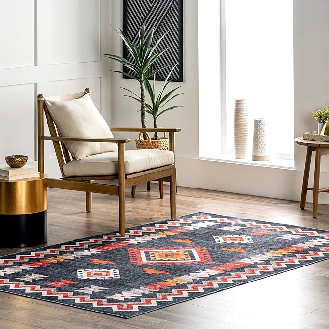 nuLOOM Jayde Machine Washable Southwestern Diamond Ultra Thin Area Rug, 5x8, Navy - LeafyLoom