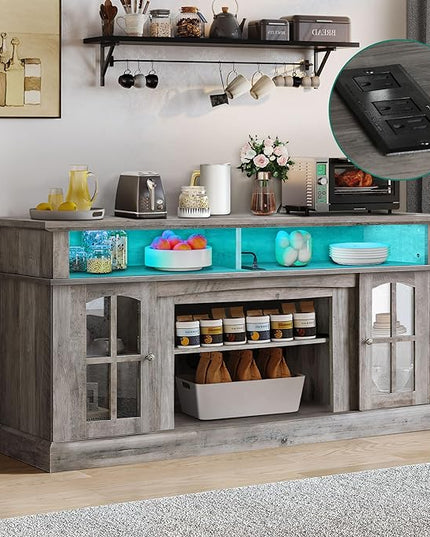 YITAHOME Sideboard Buffet Cabinet, 58'' Large Coffee Bar Cabinet with LED Light & Power Outlet, Farmhouse Storage Cabinets with Adjustable Shelves and Glass Doors for Kitchen, Living Room, Rustic Grey - LeafyLoom