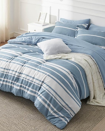 Bedsure Twin XL Comforter Set for College Boys, Blue White Striped Bedding Comforter Sets All Season Bed Set with 1 Pillow Sham, Flat Sheet, Fitted Sheet and 1 Pillowcase - LeafyLoom