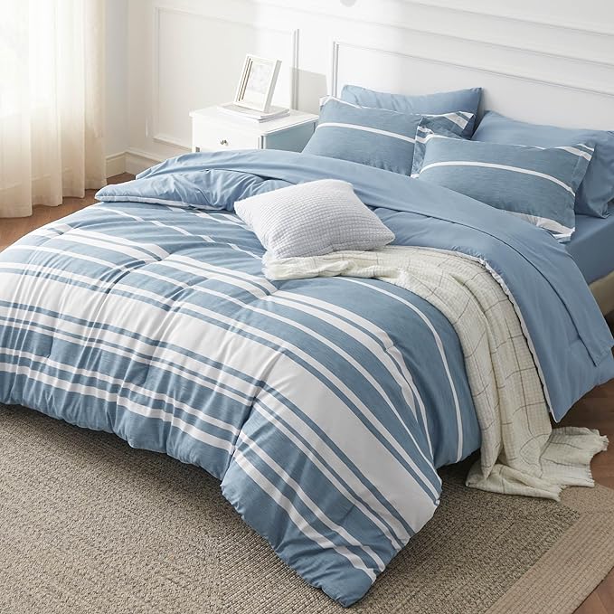 Bedsure Twin XL Comforter Set for College Boys, Blue White Striped Bedding Comforter Sets All Season Bed Set with 1 Pillow Sham, Flat Sheet, Fitted Sheet and 1 Pillowcase - LeafyLoom