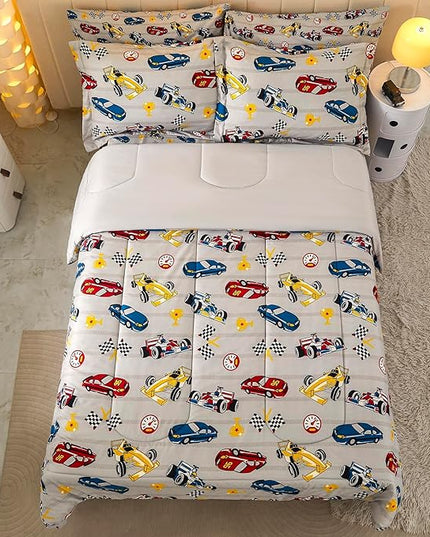 Mooreeke Full Size Comforter Sets for Boys Kids, 8 Pieces Bed in a Bag Racing Car Bedding Comforter Sheet Set with Shams and Decorative Toy Pillow, Ultral Soft Microfiber Kids Bed Set - LeafyLoom